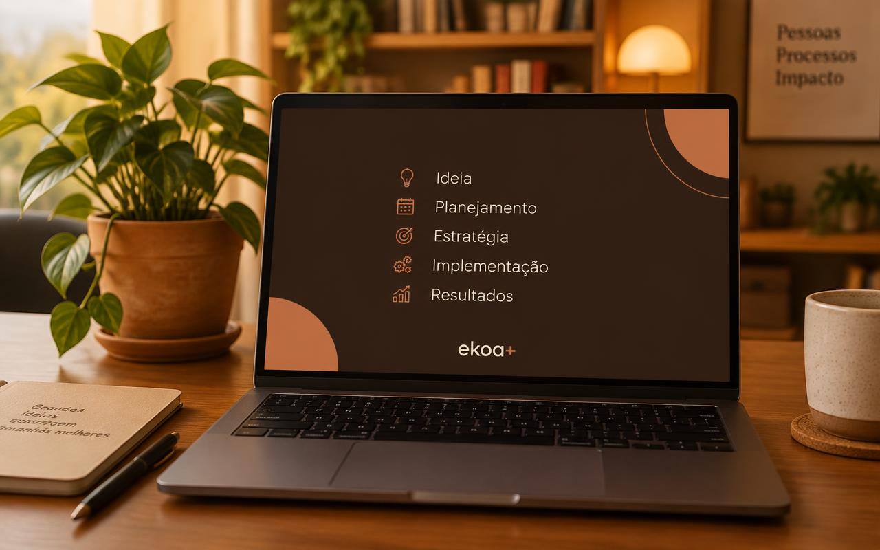 Notebook exibindo as etapas da mentoria: Ideia, Planejamento, Estratégia, Implementação e Resultados