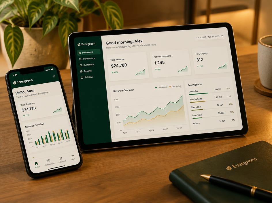 Tablet e celular exibindo painel digital com gráficos